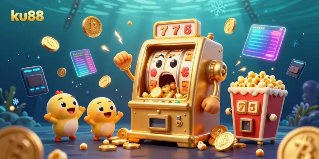 Experience thrilling jackpots with ku88 at this vibrant digital casino scene featuring animated slot machines.