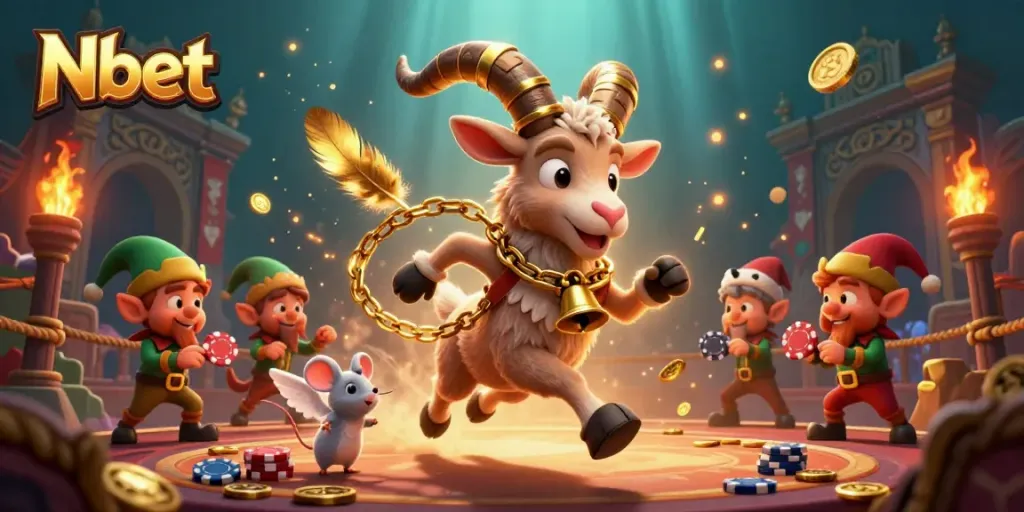Nbet's dynamic casino scene features Krampus and festive characters amidst swirling gold elements and poker activity.