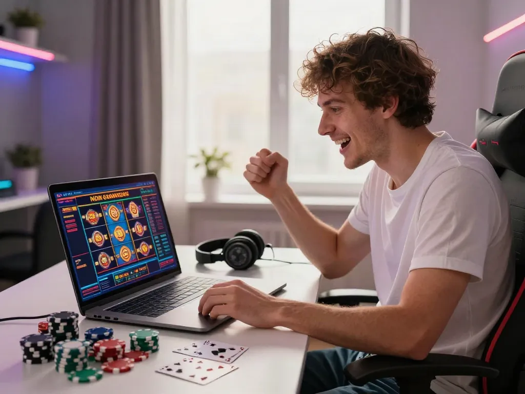 Engaged player exploring non GamStop casinos on a laptop in a stylish home office