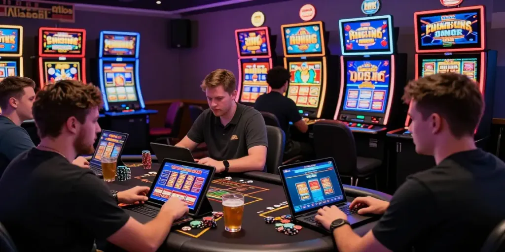 Excited players at non gamstop casinos UK enjoying slots and live dealer games in a vibrant casino environment.