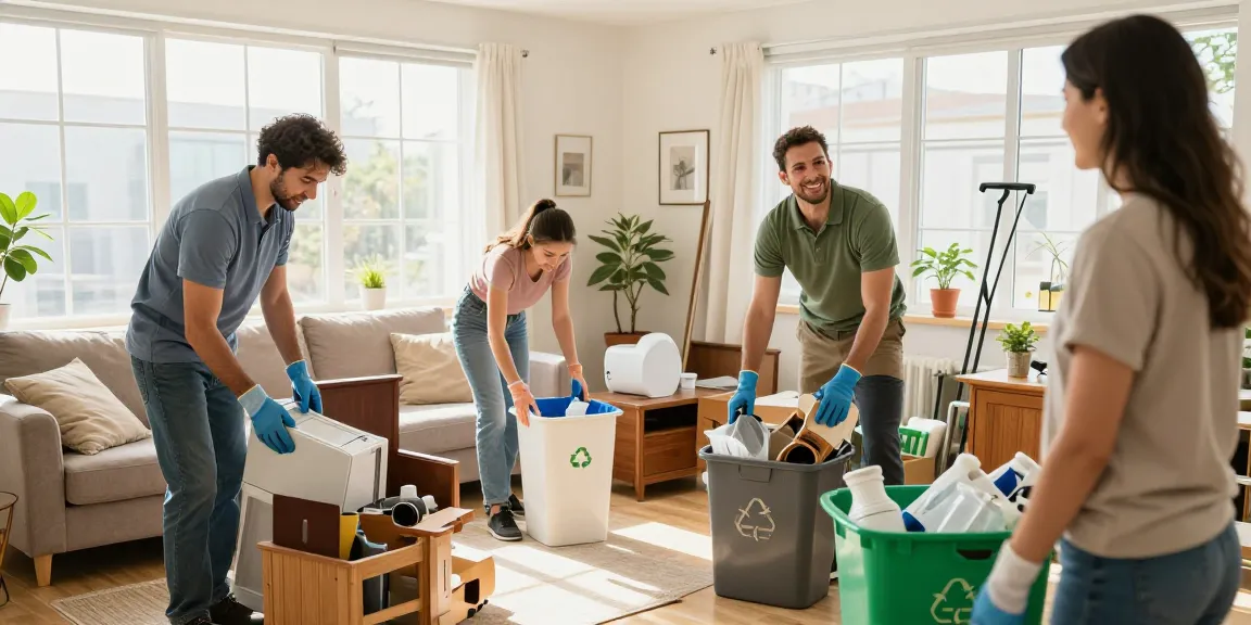 Efficient house clearance service team sorting household items in a sunny living room.
