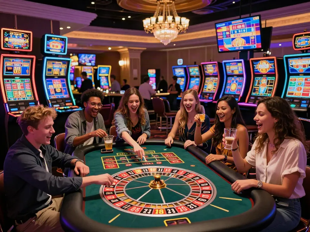 Friends celebrating a win at one of the best casinos not on gamstop during a vibrant night.