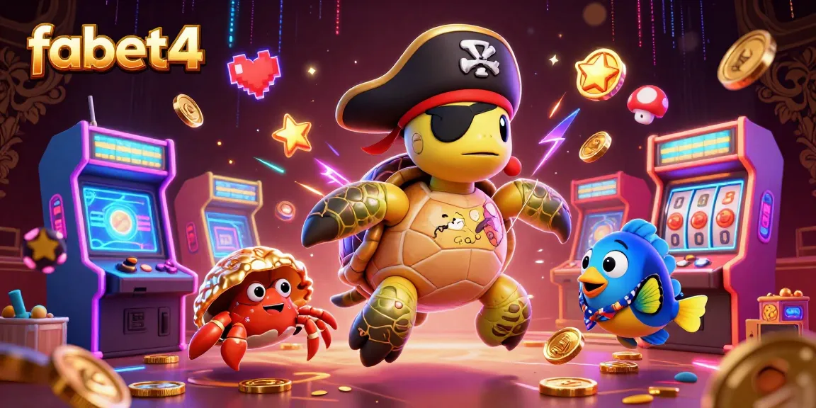 Engage with fabet4's vibrant 3D illustration featuring a pirate turtle and colorful casino elements.