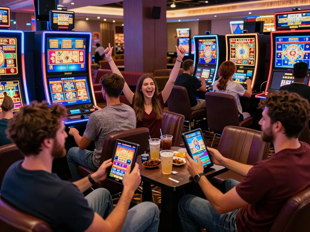 Exciting mobile gaming with players in a casino, showcasing slots not on GamStop in a vibrant atmosphere.