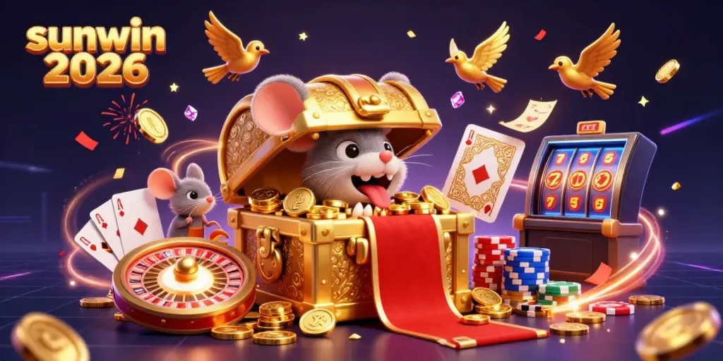 Spin the reels at sunwin 2026 in this dazzling 3D casino illustration showcasing jackpots, games, and treasures.