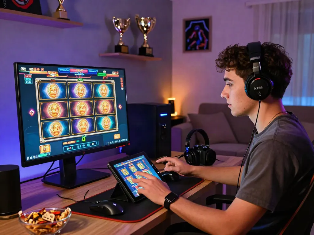 Exciting non Gamstop casinos gaming scene featuring a player at a colorful online slot machine in a lively atmosphere.