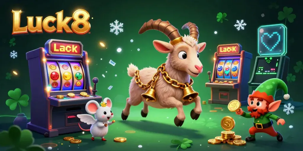 Play and win at Luck8's dynamic casino illustrated with a lively Krampus goat and mischievous gremlins.