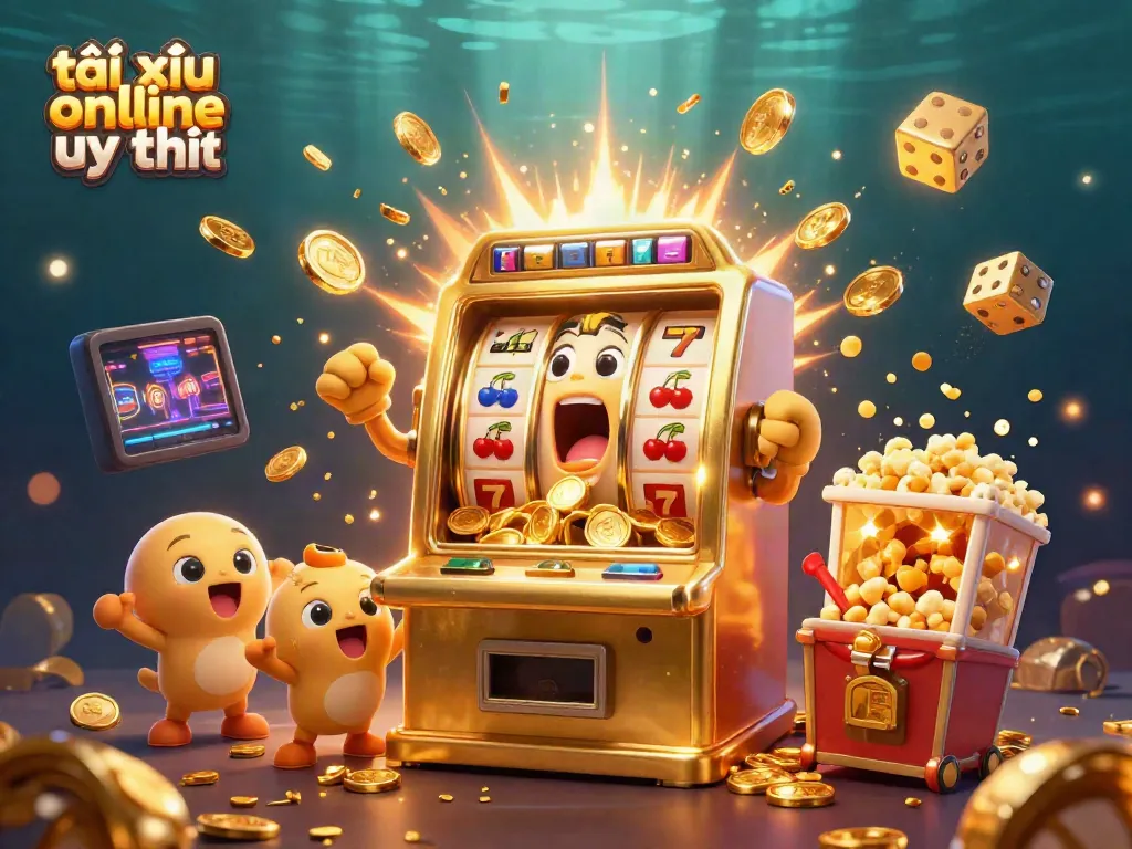 Experience the excitement of tài xỉu online uy tín with a lively slot machine scene bursting with coins and fun.