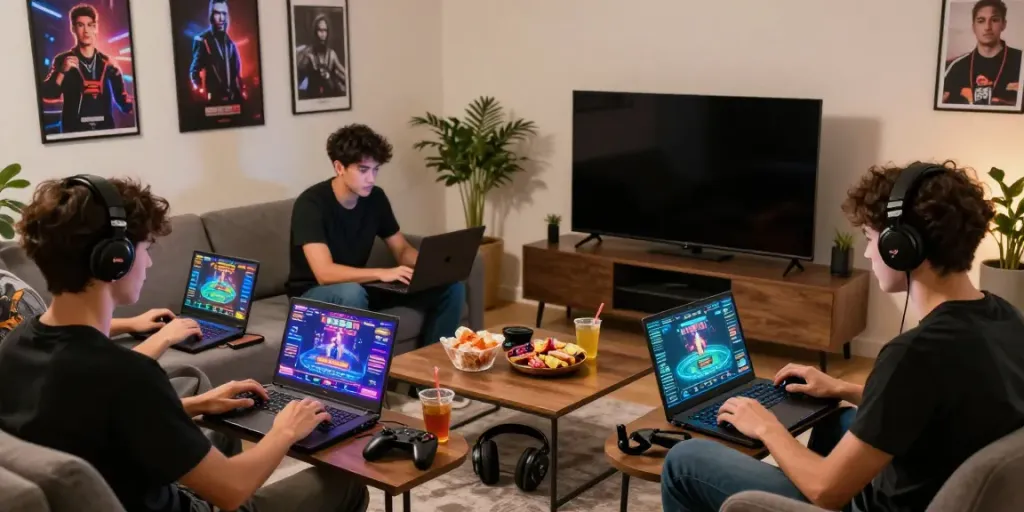 Group enjoying online games at home with laptops and snacks from https://1da88.it.com/ in a cozy atmosphere.