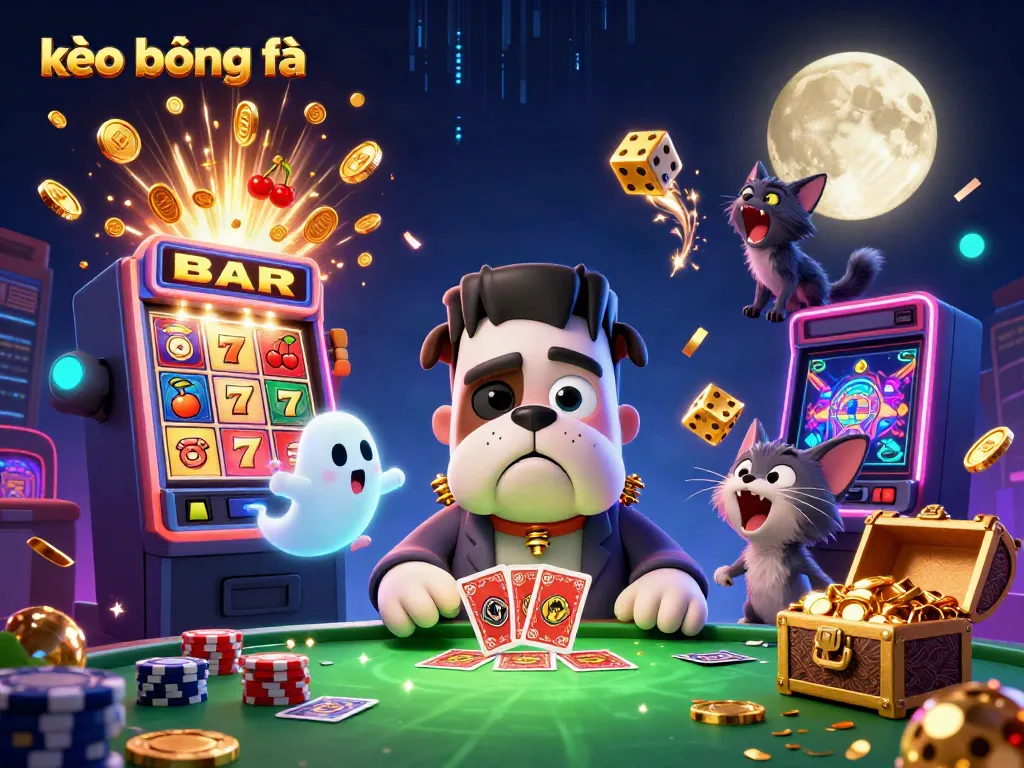Engaging kèo bóng đá scene with a lively Frankenstein bulldog dealing cards and a ghost mouse amidst casino excitement.