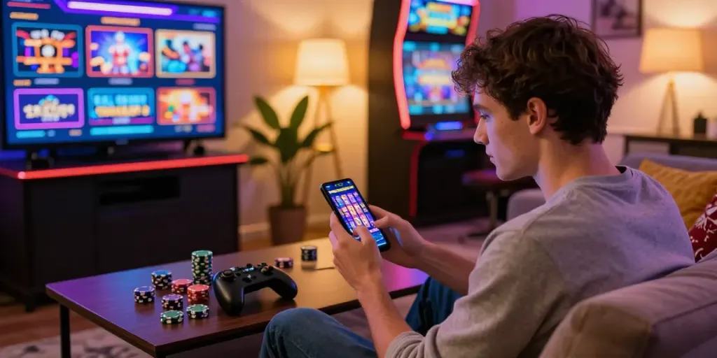 Excited player enjoying slots on smartphone at non gamstop casinos.