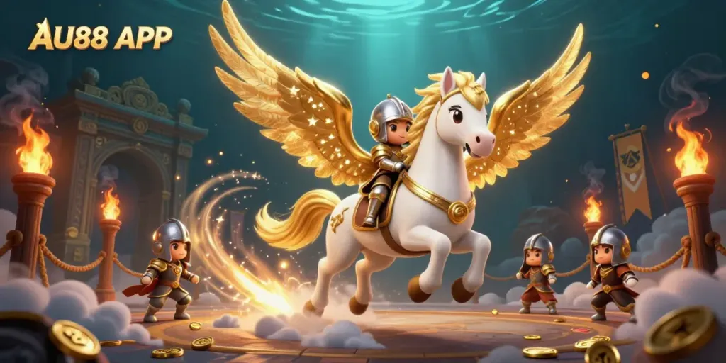 Experience the mesmerizing AU88 APP with a celestial horse, a knight, and thrilling casino elements.