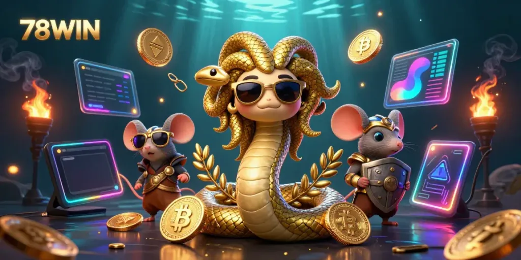 Experience 78WIN's thrilling jackpot with a vibrant casino-themed illustration, featuring Medusa and a warrior mouse.