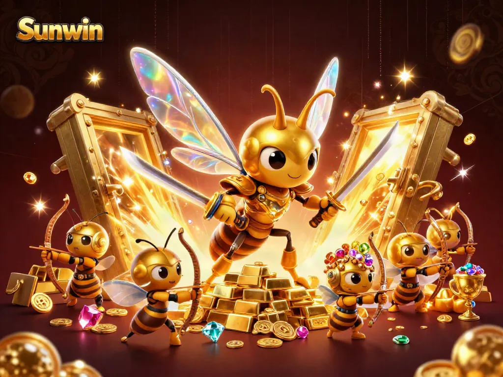 Engage with Sunwin's vibrant casino experience featuring a samurai hornet and treasure-filled scene.