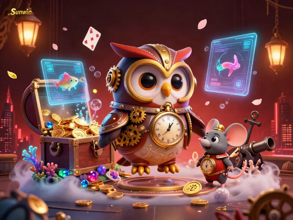 Engage with Sunwin's thrilling gaming experience, featuring a dynamic casino scene with vibrant characters and immersive elements.