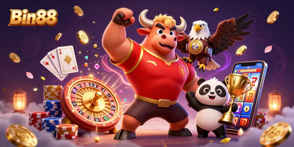 Win big with Bin88, featuring a vibrant 3D scene of a bull mascot and casino elements.