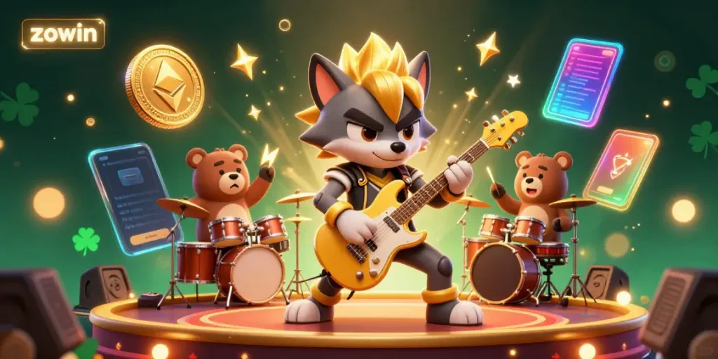 Engage with zowin in a vibrant casino scene featuring dynamic cartoon characters, cryptocurrencies, and gaming elements.