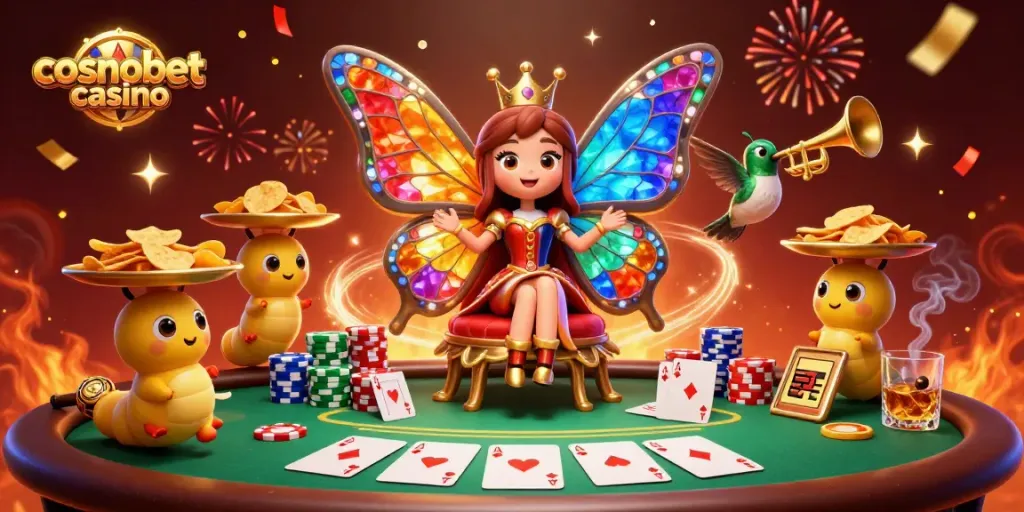 Play at cosmobet casino with vibrant butterfly queen and colorful poker elements.