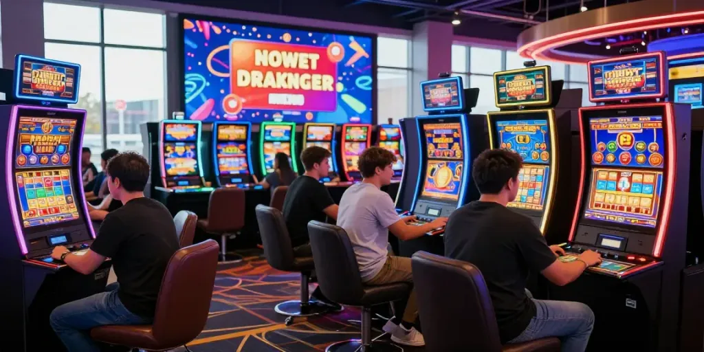 Players celebrating wins at vibrant games not on GamStop in a lively casino setting with modern slot machines.