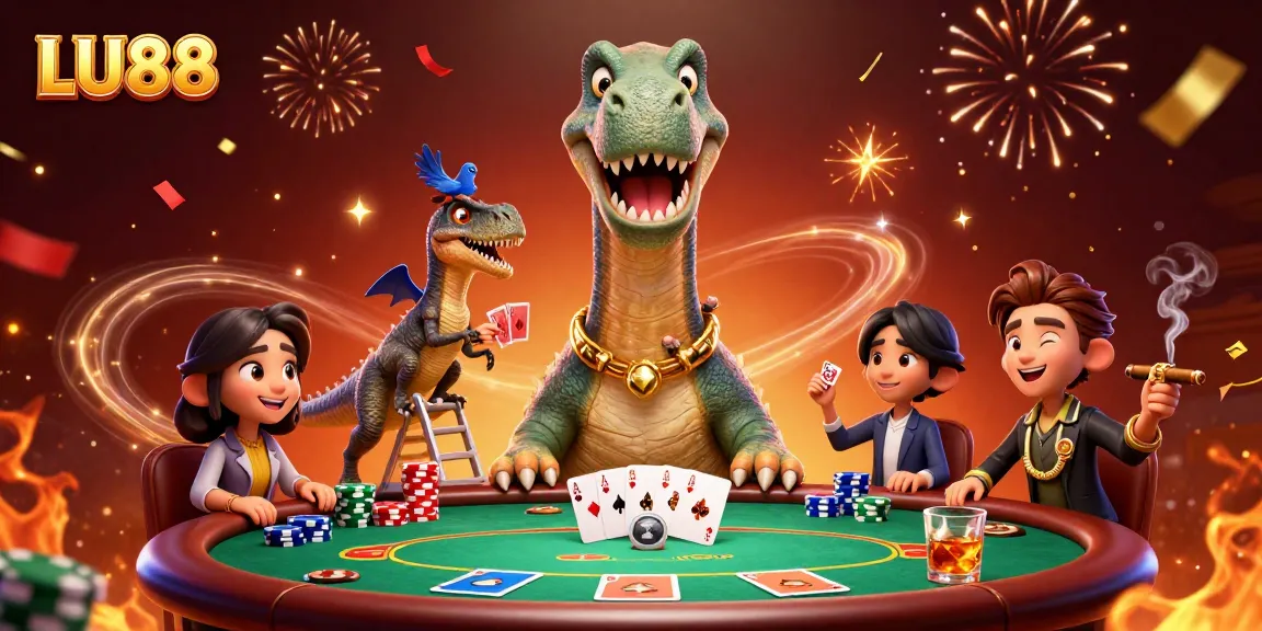Engage with LU88 at a vibrant casino scene featuring poker action and celebratory effects.