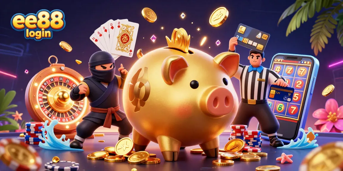 Engaging illustration of the ee88 login adventure with dynamic characters and casino elements.