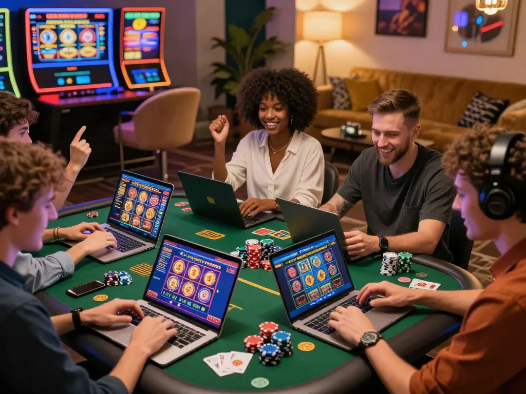 Players enjoying PayPal casinos not on GamStop in a vibrant online gaming lounge.