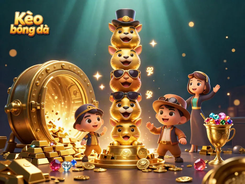 Experience Kèo bóng đá excitement with a lively 3D illustration showcasing gold treasures and a vibrant totem pole.
