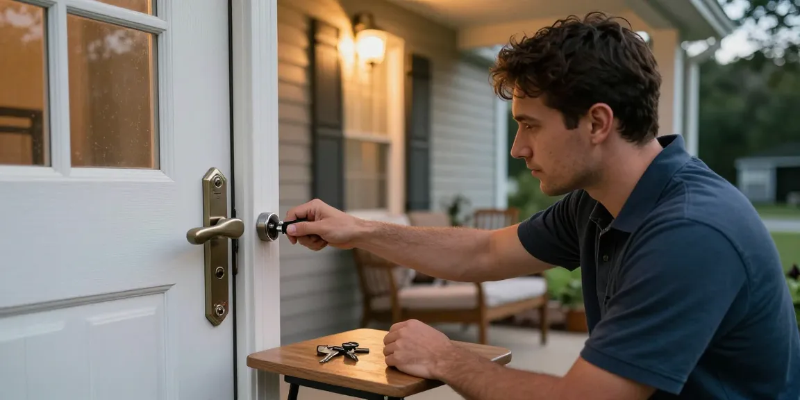 House Lockout Raleigh: Locksmith helping homeowner regain access to their home with professional tools.