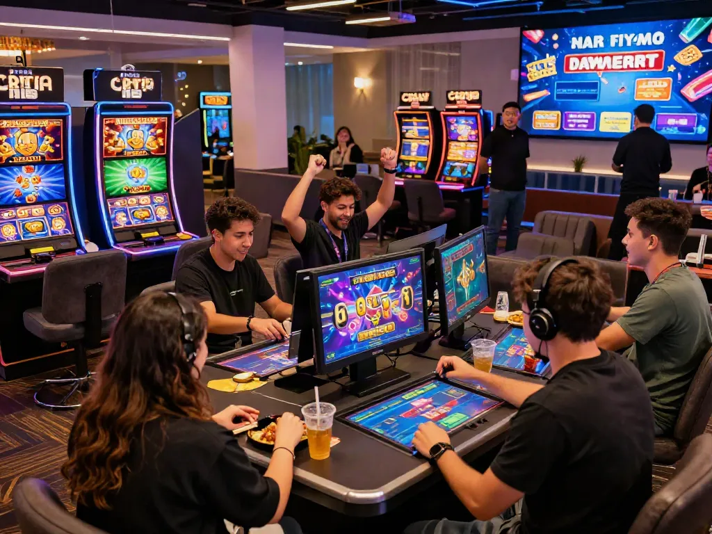 Players enjoying high RTP slots at engaging UK casinos, celebrating wins in a vibrant atmosphere.