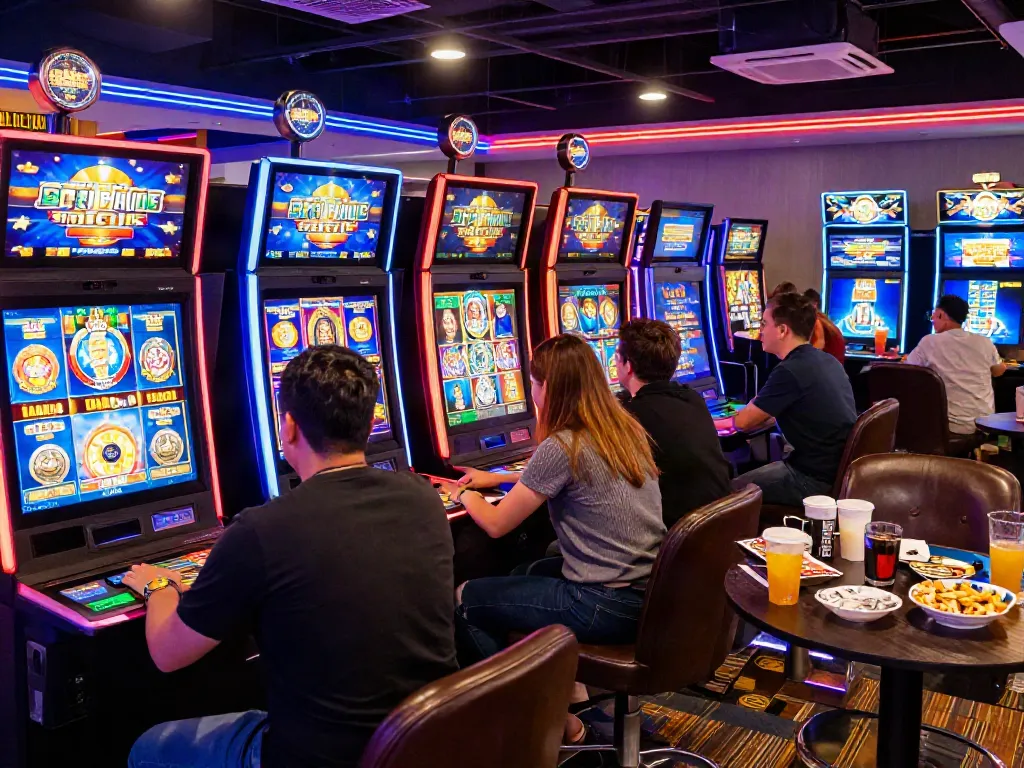Friends enjoying games not on GamStop at a lively online casino with colorful slot machines and dynamic gameplay.