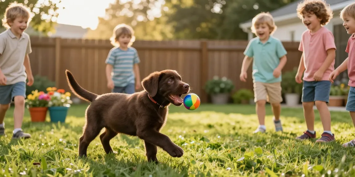 Chocolate labrador breeder showcasing playful puppy with children in a sunny backyard.