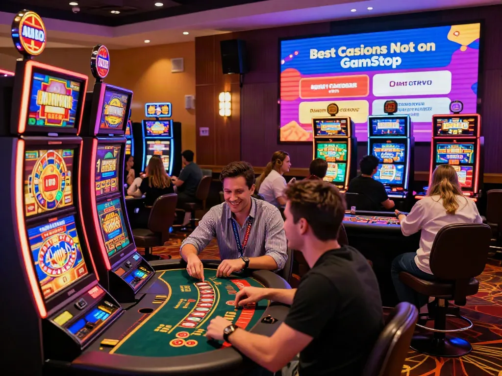 Experience the excitement at the best casinos not on GamStop, featuring diverse players enjoying slot machines and live dealer games.