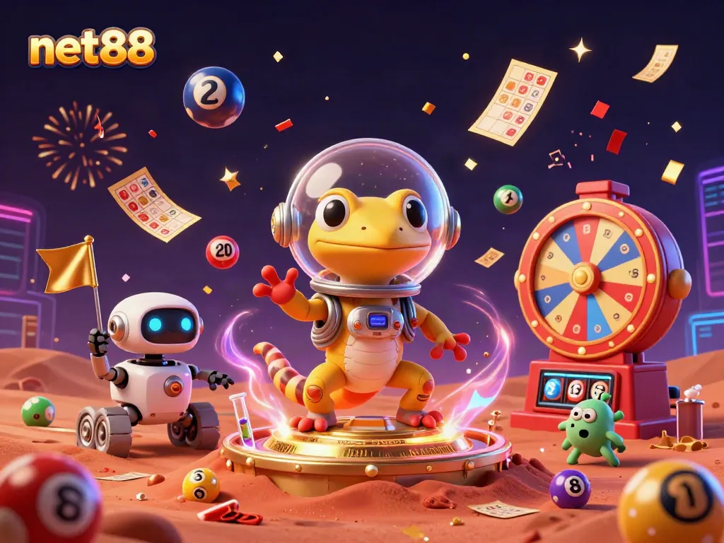 Net88 celebrating wins with a Martian gecko and friends in a vibrant casino scene.