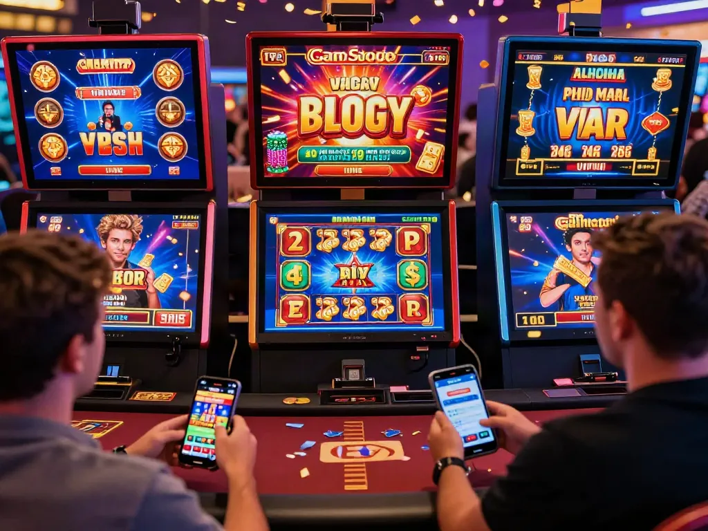 Exciting online casino gaming scene showcasing diverse players enjoying slots not on GamStop on various devices, vibrant atmosphere.