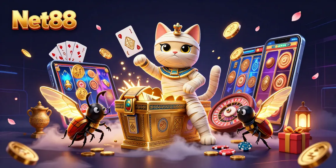 Engage in thrilling gameplay with Net88 as a cartoon mummy cat bursts from a casino sarcophagus.
