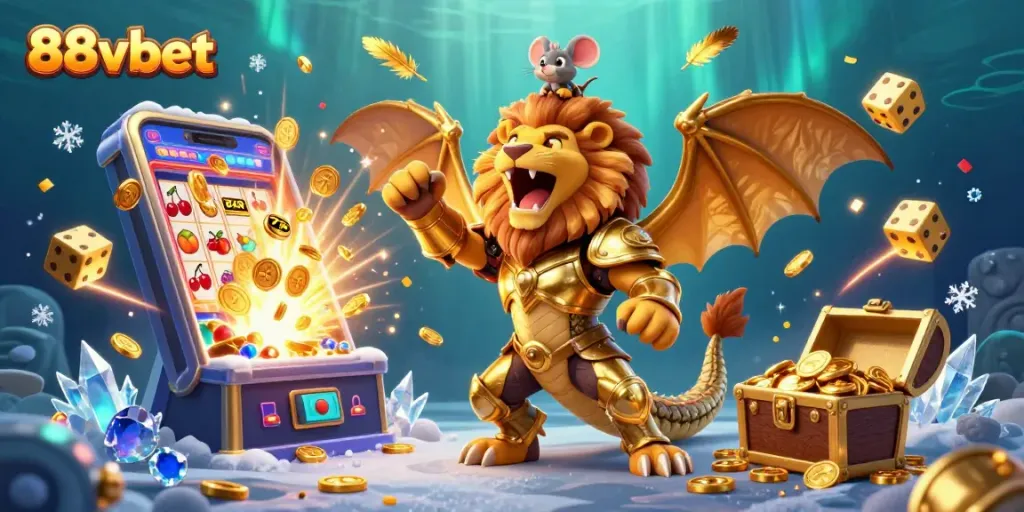 Experience the thrill of 88vbet with a triumphant chimera and jackpot symbols, showcasing casino excitement.