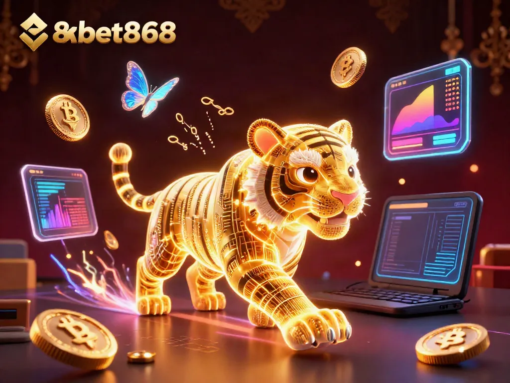 Join the thrilling world of 8xbet868 as a neon tiger explores a digital casino landscape.