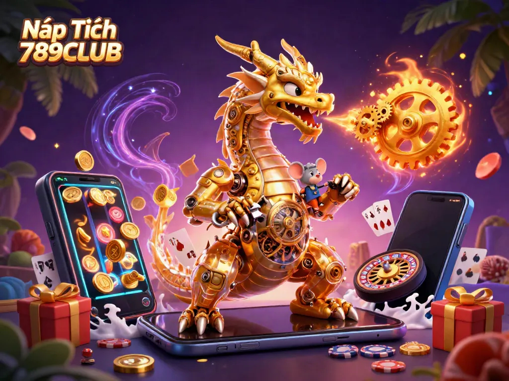 Nạp Tiền 789CLUB features a golden dragon and a smartphone displaying slot games bursting with coins.