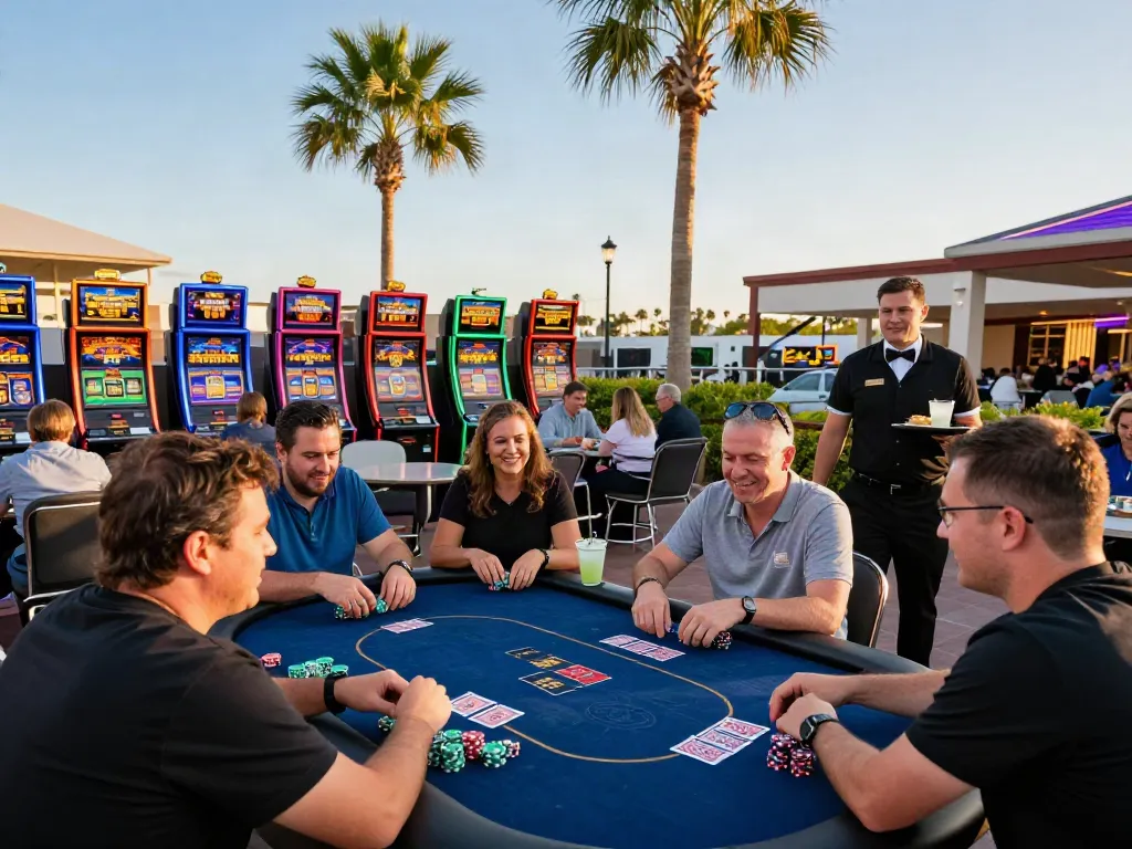 Exciting outdoor poker scene at non gamstop casinos during sunset
