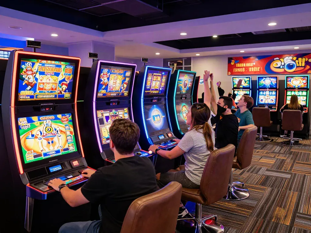 Exciting non GamStop casino scene with players enjoying gamestop slots, bright lights, and vibrant atmosphere.