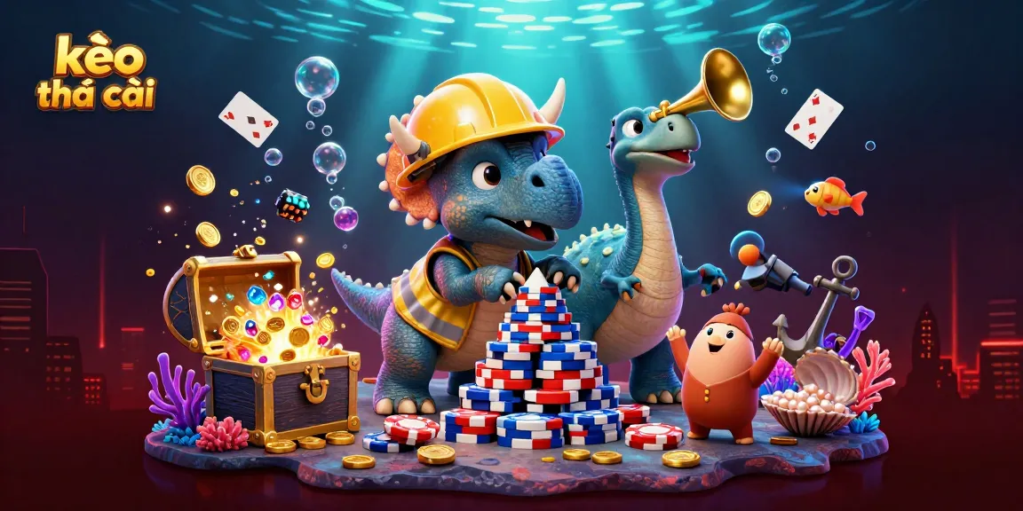 Experience kèo nhà cái excitement with a 3D scene of animated casino fun including poker chips, festive characters, and gleaming underwater treasures.