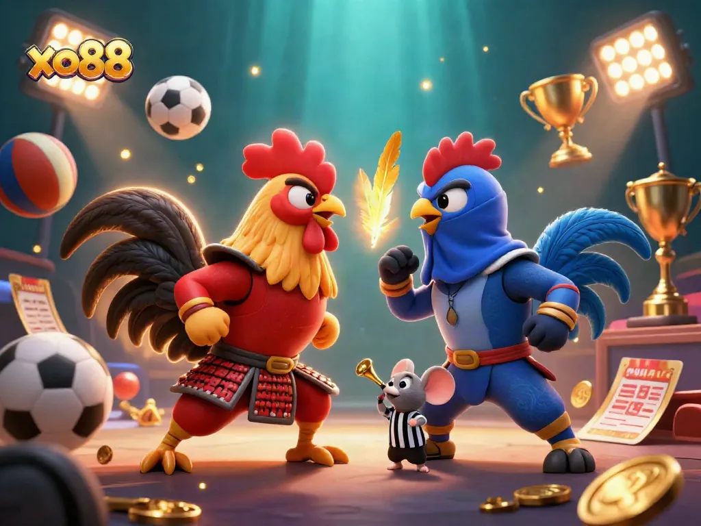 Engage with the thrilling action at xo88's dynamic gaming arena featuring vibrant 3D roosters and sports elements.