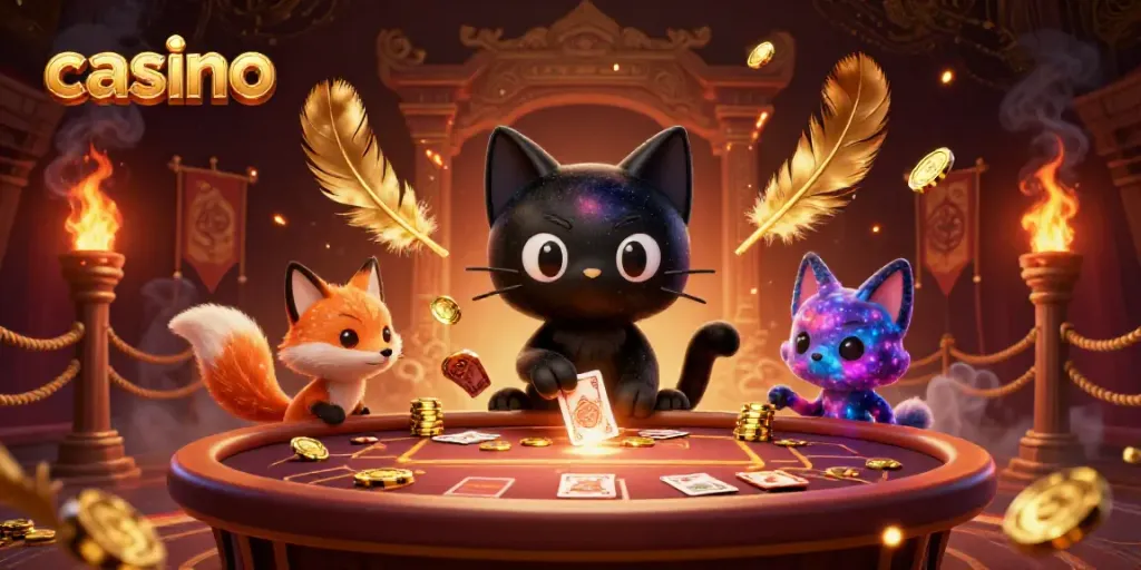 Experience a vibrant casino scene with a black hole cat and colorful nebula fox, showcasing engaging gaming elements.