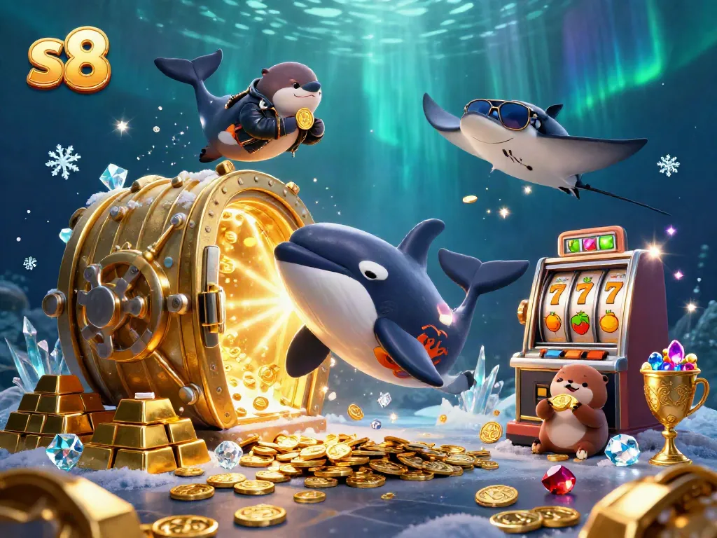 S8 players winning with lively 3D orca and otters amidst slot machines and treasures.