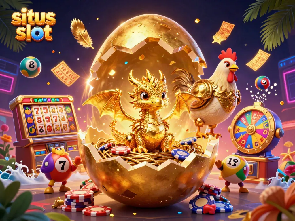 Engage with situs slot as golden dragon reveals jackpot treasures amid vibrant casino elements.