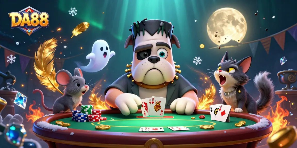 DA88 poker table scene with cartoon characters creating an exciting casino atmosphere