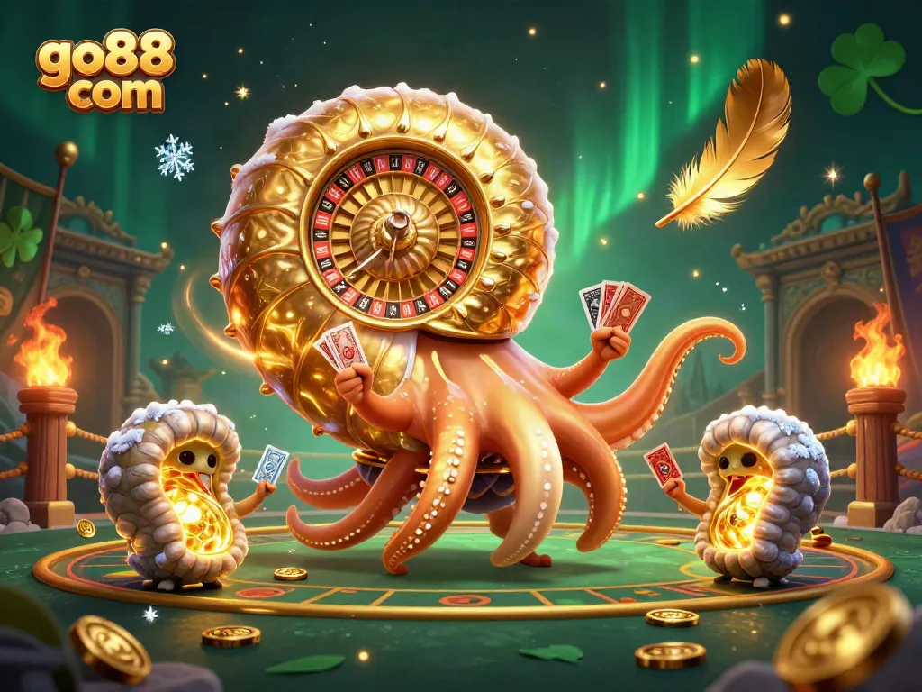 Engage with vibrant gaming experiences at go88 com, featuring a dynamic nautilus character and glowing ammonites.