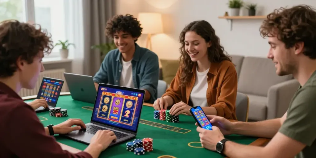 Gamers enjoying non gamstop casinos in a cozy home setting with engaging casino games on various devices.