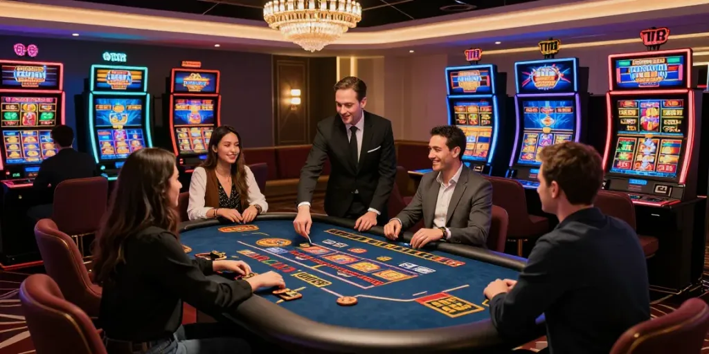 Exciting gaming scene at non GamStop casinos featuring players at slot machines and elegant decor.