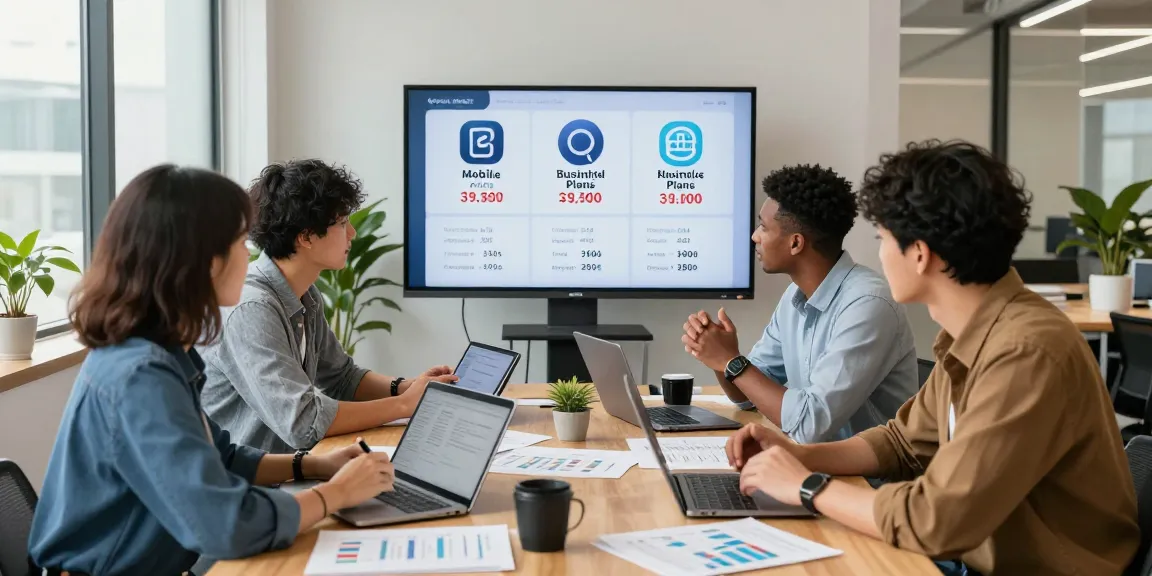 Team comparing business mobile plans in a modern office, showcasing business mobile comparison UK with tablets and documents.